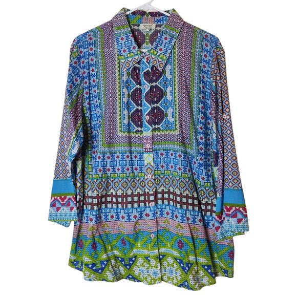 Orientique Naturally Australian Colorful Boho Geometric Artsy Eclectic Blouse XL - Picture 1 of 13